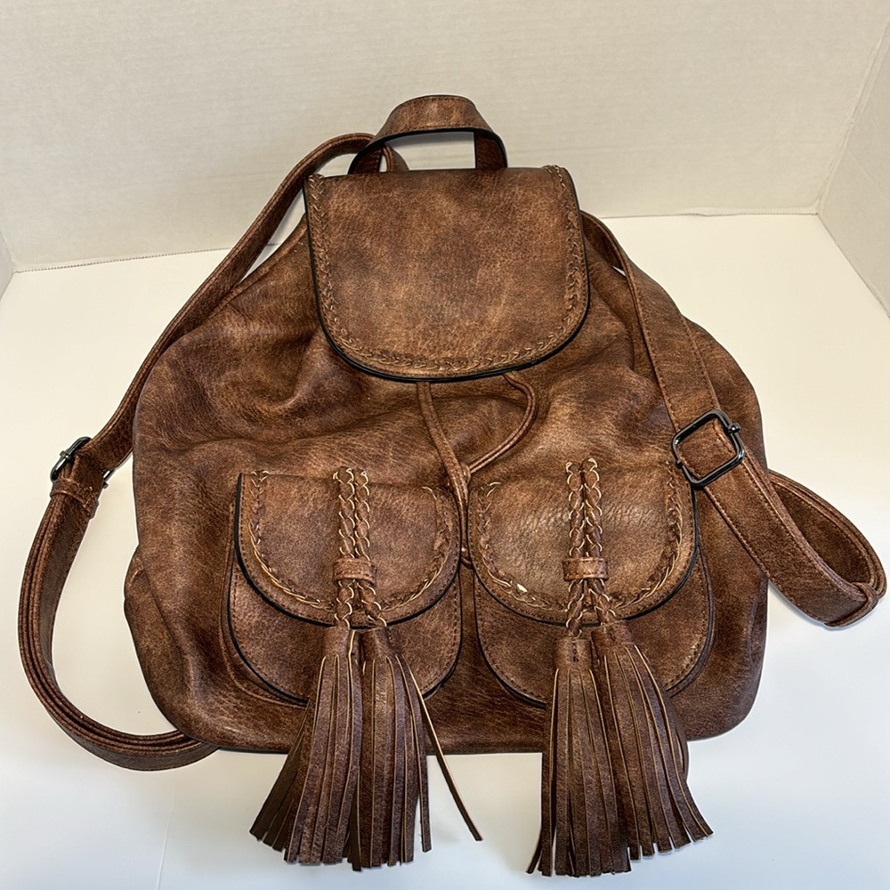 ANTIK KRAFT Bag Backpack Satchel Slouch Brown W/ Black White Lining 16”W X 15”H